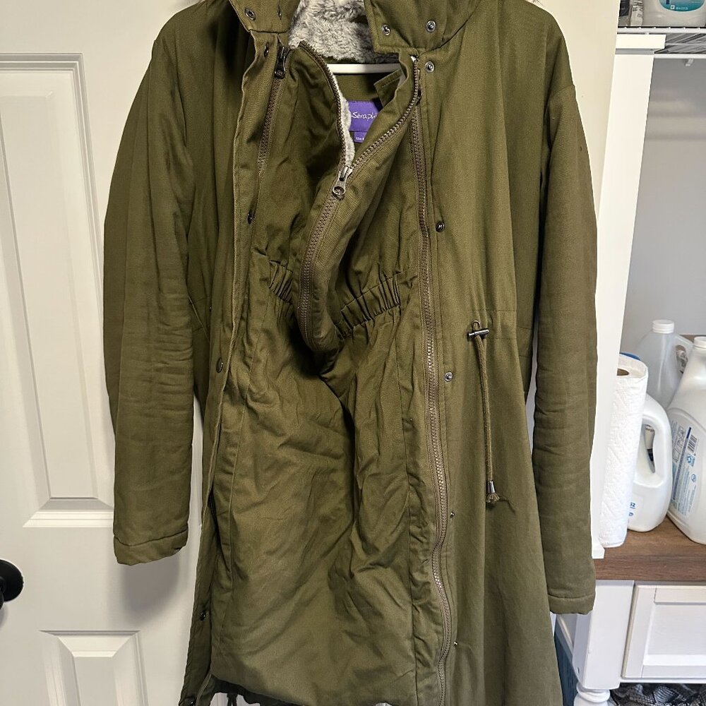 Seraphine Khaki Green 3-In-1 Winter Maternity Parka Jacket Coat Faux Fur Size 8